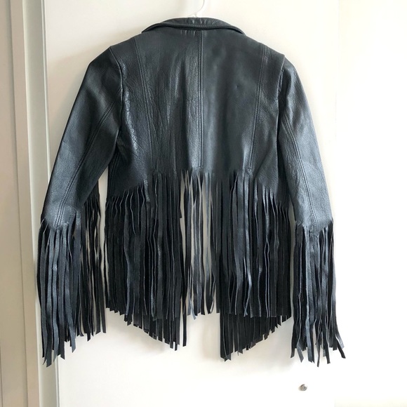 Kate Moss for Topshop Deep Charcoal Navy Fringed Leather Jacket - Picture 15 of 16